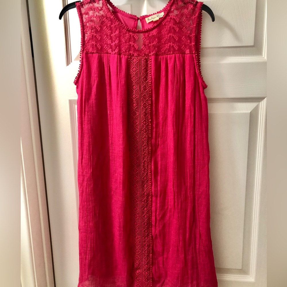 Indigo Rose Sleeveless Lace Yoke Shift Gauzy Dress In Reddish Pink Color